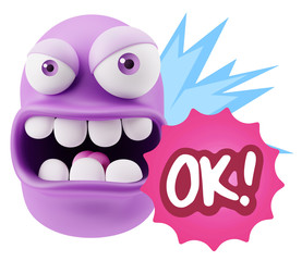 Fototapete - 3d Rendering Angry Character Emoji saying OK with Colorful Speec