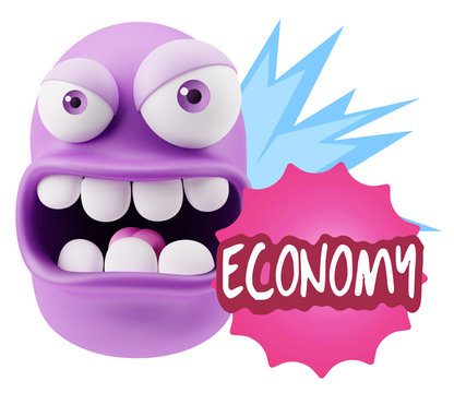 3d Rendering Angry Character Emoji saying Economy with Colorful