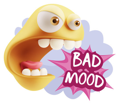 3d Rendering Angry Character Emoji saying Bad Mood with Colorful