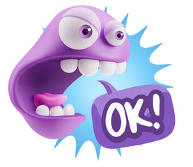 Fototapete - 3d Rendering Angry Character Emoji saying OK with Colorful Speec