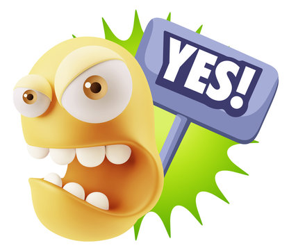 3d Rendering Angry Character Emoji saying Yes with Colorful Spee