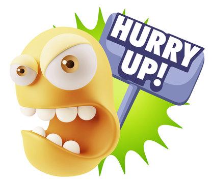 3d Rendering Angry Character Emoji saying Hurry Up with Colorful