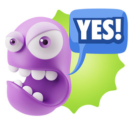 Fototapete - 3d Rendering Angry Character Emoji saying Yes with Colorful Spee