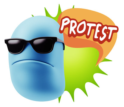 3d Rendering Angry Character Emoji saying Protest with Colorful