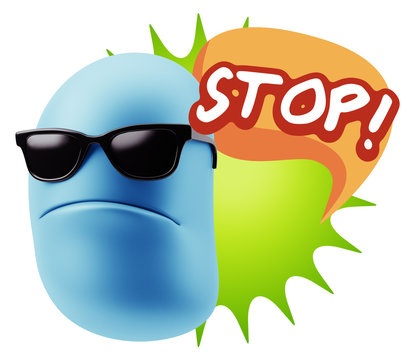 3d Rendering Angry Character Emoji saying Stop with Colorful Spe