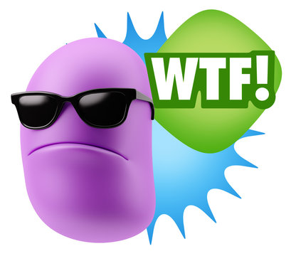 3d Rendering Angry Character Emoji saying WTF with Colorful Spee