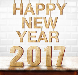 Poster - Happy New Year 2017 wood texture on marble table with white cera