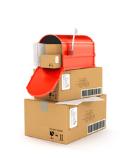 Red Mailbox On Cartons. 3d Illustration