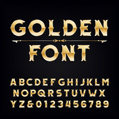 Poster - Golden vintage alphabet font. Metalic effect letters and numbers. Retro vector typeface for your design.