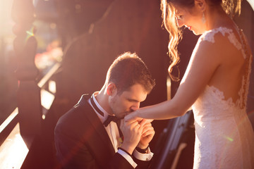 Happy couple beautiful groom and bride on their wedding day