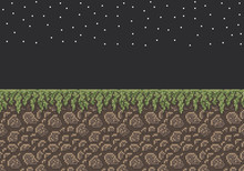 Vector Pixel Art Illustration Sprite - Stone Dirt With Grass Texture Night Time Stars