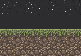 Vector pixel art illustration sprite - stone dirt with grass texture night time stars