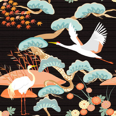 Plakat chryzantema sosna ptak wzór