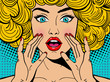 Sexy surprised blonde pop art woman with wide open eyes and mouth and rising hands screaming. Vector background in comic retro pop art style. Party invitation.