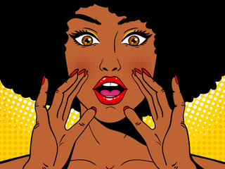 Wall Mural - Wow pop art face. Sexy surprised african woman holding her hands open mouth and screaming. Vector colorful background in pop art retro comic style. Party invitation.