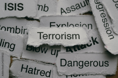 Cuadros en Lienzo Torn paper with terrorism related words.