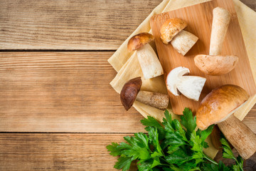 Wall Mural - Boletus mushroms with parsley on cuting board on rustic wooden background