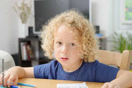 Portrait Of A Little Boy With Blond Curly Hair Buy This Stock