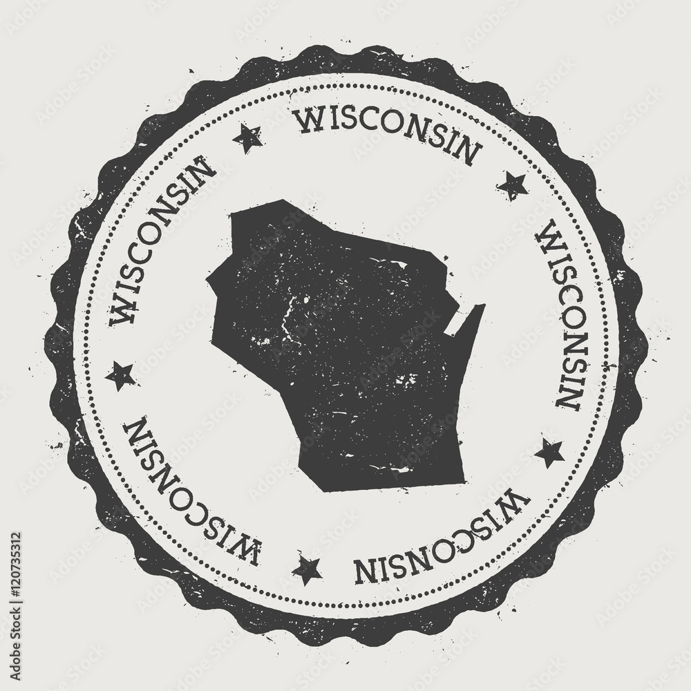 Wisconsin Stamp Icon Wisconsin vector sticker. Hipster round rubber stamp with US state map ...