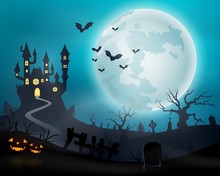 Halloween Night Background With Castle And Pumpkins