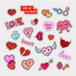 Fashion patch badges. Hearts set. Stickers, pins, patches and handwritten notes collection in cartoon 80s-90s comic style. Trend. Vector illustration isolated. Vector clip art.