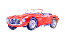 Hand Painted Watercolor Illustration Isolated Red Retro Sport Car