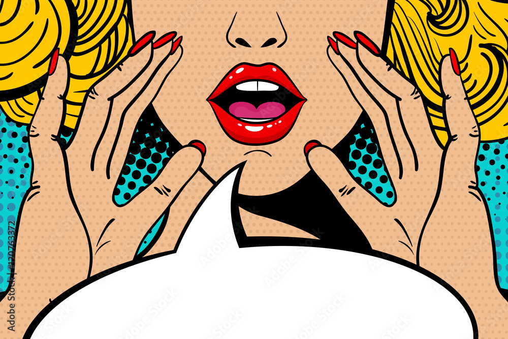 Sexy surprised blonde pop art woman with open mouth and rising hands screaming announcement. Vector background in comic retro pop art style. Party invitation. - obrazy, fototapety, plakaty 