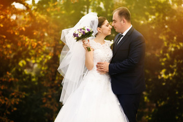 Wall Mural - Beautiful couple of happy newlyweds on a walk in the sunny autumn park on their wedding day