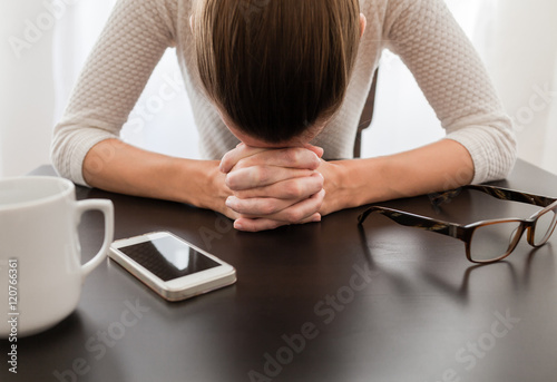 Feeling desperate. Problems at work and praying concept. Poster