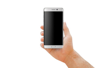 Wall Mural - White modern smartphone with curved edge in man hand for mockup. Isolated background.