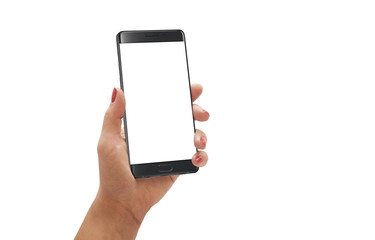 Poster - Woman hold modern smartphone with curved edge with white screen for mockup. Isolated background.