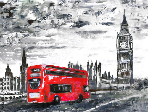 Naklejka - mata magnetyczna na lodówkę oil painting on canvas, street view of london, bus on road. Artwork. Big ben.