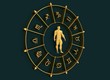 Golden astrological symbols in the circle. Muscular man standing in the center of the ring. 3D rendering. Metallic figure
