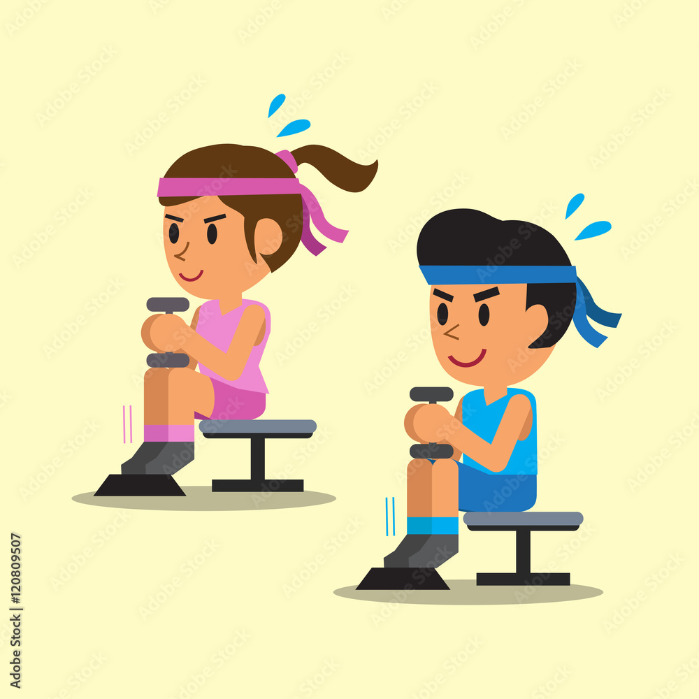 Cartoon man and woman doing dumbbell seated calf raise exercise Stock ...