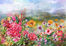 Landscape Of Multicolored Flowers Watercolor Painting Style