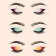 Set of eye makeup. Closed eye with long eyelashes and eyebrows. Vector illustration.