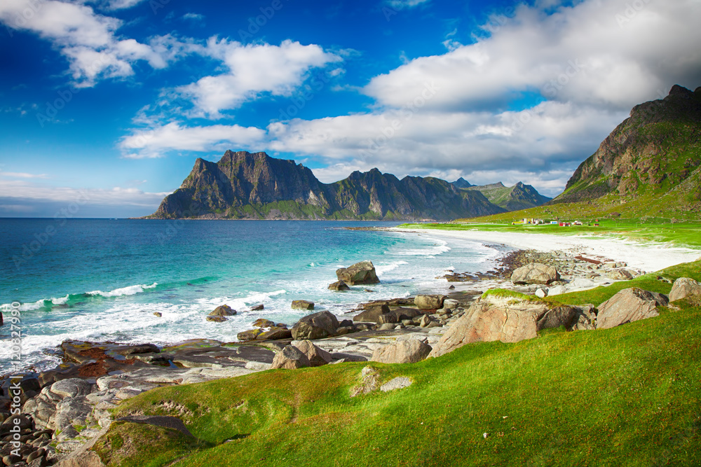 Beautiful view to Eggum beach in Norway, Lofoten islands, Norway - obrazy, fototapety, plakaty 