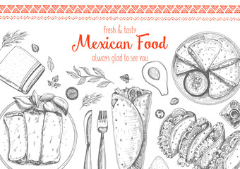 Mexican food frame. Mexican food vector illustration. Linear graphic style.