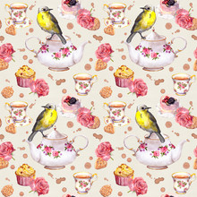 Teatime: Tea Pot, Cup, Cakes, Rose Flowers, Bird. Seamless Pattern. Watercolor