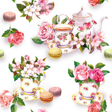 Flowers, Tea Cup, Cakes, Macaroons, Pot. Watercolor. Seamless Background