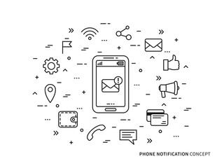 Fototapete - Linear Phone Notification (mail, call, message, note) vector illustration. Phone Notification (mobile technology) creative concept. 