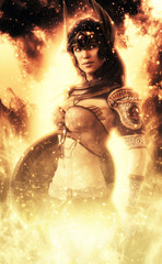 Female Goddess of war posing in fire . 3d rendering