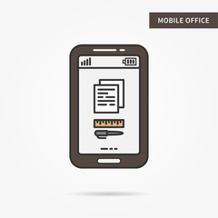 Fototapete - Linear mobile office service. Flat phone office document app. Mobile web office technology symbol. Creative mobile office app graphic design banner. Vector office software sign illustration.