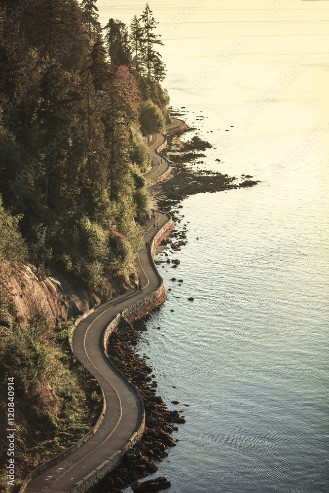 Stanley Park view from above. The island and the ocean.  - obrazy, fototapety, plakaty 