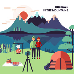 Canvas Print - Camping In Mountains  Illustration