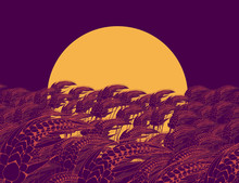 Harvest Moon Poster With Wheat Field In Orange And Purple