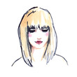 Dreaming blonde girl with bangs painted in watercolor on clean white background