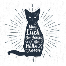 Hand Drawn Halloween Label With Textured Black Cat Vector Illustration And "May Luck Be Yours On Halloween" Lettering.