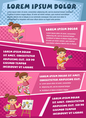 Wall Mural - Vector brochure backgrounds with cartoon girl playing. Infographic template design.

