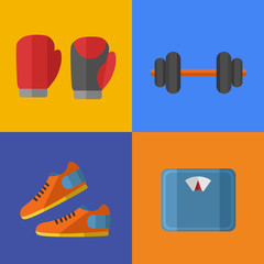 Wall Mural - Vector illustration of gym sports equipment icons set. Boxing gloves, sports shoes, dumbbells and weigher on color background. Healthy lifestyle. Athletic equipment. Different tools for sport.